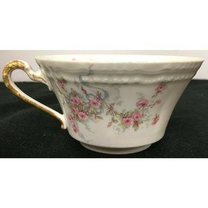 Theodore Haviland Limoges France Tea Cup Pink/ Green Flowers and Blue Ribbon